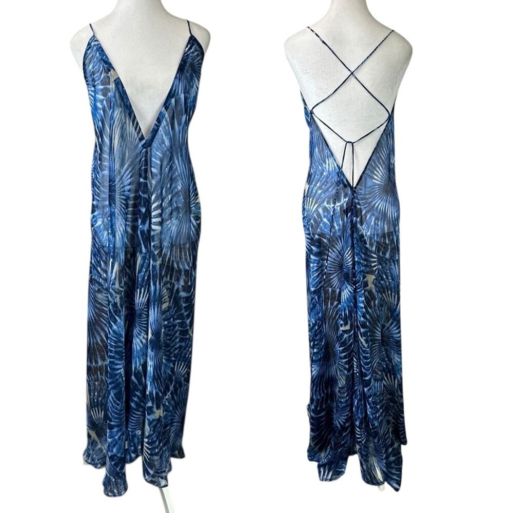 Kendall + Kylie Sheer Cover Up Blue Leaf Print High Low Maxi Dress Blue XL